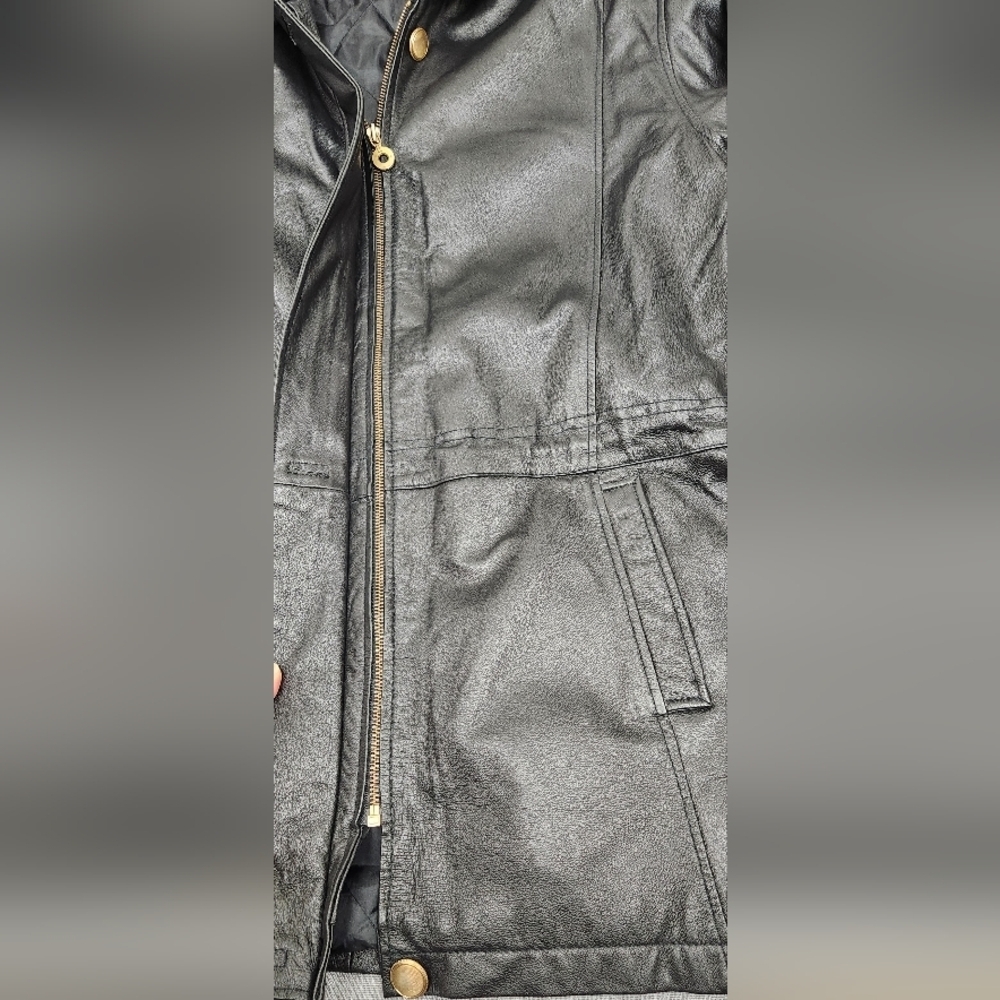 Liz Baker Essentials Mid-Length Black Leather Coat With Hood.  XL - Picture 2 of 9